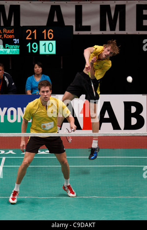 Badminton Giocatori Koen Ridder (sinistra) e Ruud Bosch (destra) dai Paesi Bassi Foto Stock