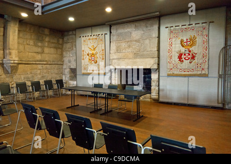 Hall all'interno del mastio del castello di Feira. Santa Maria da Feira, Portogallo. Foto Stock