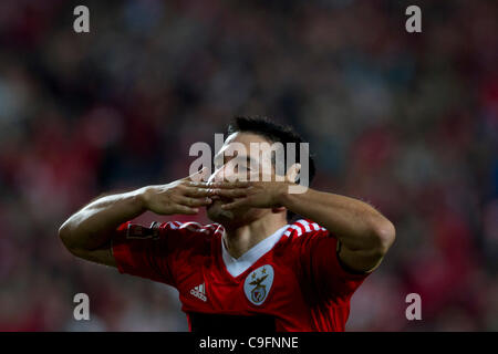 Il Portogallo Liga Zon Sagres xiii round - SL Benfica (SLB) x Rio Ave FC (RAFC) Javier Saviola SL Benfica avanti celebra il suo obiettivo (terzo per il Benfica) Foto Stock