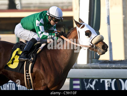 Dic. 31, 2011 - Arcadia, CA, Stati Uniti - 31 dicembre 2011. Tutti i chip in e Alonso Quinonez vincere la Eddie Logan Stakes di Santa Anita Park in Arcadia, CA. (Credito Immagine: © Charles Pravata/eclipse/ZUMAPRESS.com) Foto Stock