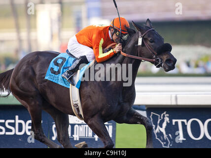 Dic. 31, 2011 - Arcadia, CA, Stati Uniti - 31 dicembre 2011. Teddy's promessa e Victor Espinoza vincere La Brea Stakes(Gi) a Santa Anita Park in Arcadia, CA. (Credito Immagine: © Charles Pravata/eclipse/ZUMAPRESS.com) Foto Stock