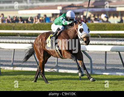 Dic. 31, 2011 - Arcadia, CA, Stati Uniti - 31 dicembre 2011. Tutti i chip in e Alonso Quinonez vincere la Eddie Logan Stakes di Santa Anita Park in Arcadia, CA. (Credito Immagine: © Charles Pravata/eclipse/ZUMAPRESS.com) Foto Stock