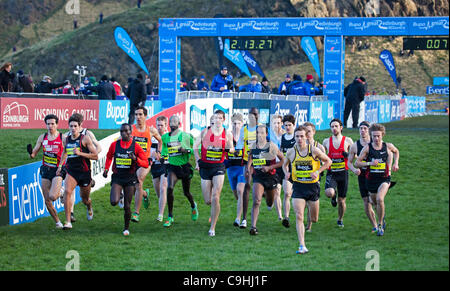 BUPA grande Edinburgh Cross Country Run, 7 gennaio 2012, Mens Invitational 3Km di gara. Vincitore: Asbel Kiprop, Kenya, seconda: Jonny fieno, GBR, terzo: Eliud Kipchoge, Kenya Foto Stock