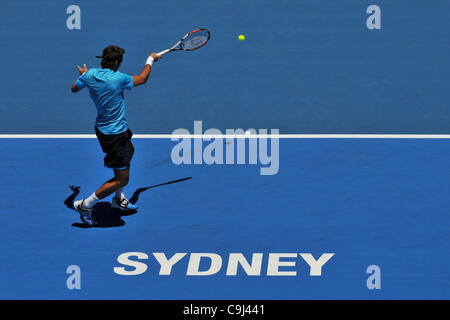 11.01.12 Sydney, Australia.2009 US Open champion e ex mondo No. 4 argentino Juan Martin Del Potro in azione durante l'Apia International Sydney torneo di tennis , Australian Open di serie, al Sydney Olympic Park Tennis Center,Homebush. Foto Stock