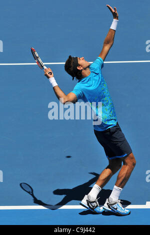 11.01.12 Sydney, Australia.2009 US Open champion e ex mondo No. 4 argentino Juan Martin Del Potro in azione durante l'Apia International Sydney torneo di tennis , Australian Open di serie, al Sydney Olympic Park Tennis Center,Homebush. Foto Stock