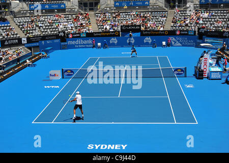 11.01.12 Sydney, Australia.2009 US Open champion e ex mondo No. 4 argentino Juan Martin Del Potro in azione contro Lukasz Kubot dalla Polonia durante il Apia International Sydney torneo di tennis , Australian Open di serie, al Sydney Olympic Park Tennis Center,Homebush. Foto Stock