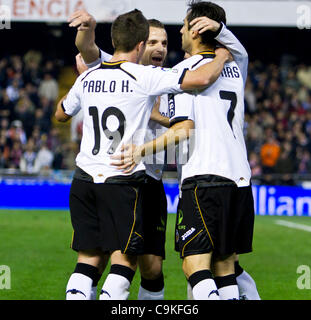 19/01/2011 - VALENCIA, Spagna // COPA DEL REY CALCIO - Valencia CF vs Levante UD. - 1/4 finals - Estadio Mestalla ----------- Diverse VAlencia CF giocatori celebrando 1-0 Foto Stock