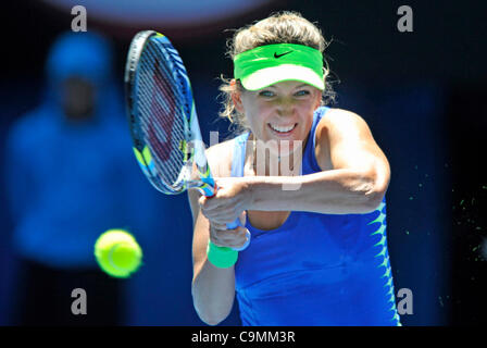 26.01.2012 Melbourne, Australia. Azarenka in azione il giorno 11 della prima donna semi finale corrispondono. Kim Clijsters (BEL) V Victoria Azarenka (BLR). Azarenka sconfigge Clijsters 6-4, 1-6, 6-3 sul Rod Laver Arena all'aperto australiano. Foto Stock