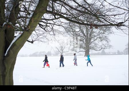 Luton, Regno Unito il 5 febbraio 2012: i giovani godono di una passeggiata nel parco di stockwood a Luton domenica 5 febbraio dopo una notte di forti nevicate. Foto Stock