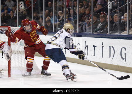 Febbraio 10, 2012 - South Bend, Indiana, Stati Uniti - Centro Notre Dame T.J. Tynan (#18) Pattini con il puck come stato di Ferris defenceman Ciad Billins (#4) difende nel secondo periodo di azione del NCAA hockey gioco tra la cattedrale di Notre Dame e Ferris membro. La Ferris Bulldogs stato sconfitto il Notre Dame Fighting Irish 3 Foto Stock