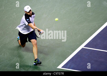 Febbraio 15, 2012 - San Jose, California, Stati Uniti - Andy Roddick (USA) compete durante il secondo turno di gioco a livello del SAP Open a HP Pavilion a San Jose, CA. (Credito Immagine: © Matt Cohen/Southcreek/ZUMAPRESS.com) Foto Stock