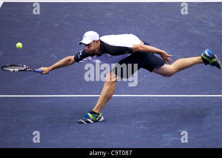 Febbraio 15, 2012 - San Jose, California, Stati Uniti - Andy Roddick (USA) compete durante il secondo turno di gioco a livello del SAP Open a HP Pavilion a San Jose, CA. (Credito Immagine: © Matt Cohen/Southcreek/ZUMAPRESS.com) Foto Stock