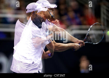 Febbraio 15, 2012 - San Jose, California, Stati Uniti - Andy Roddick (USA) compete durante il secondo turno di gioco a livello del SAP Open a HP Pavilion a San Jose, CA. (Credito Immagine: © Matt Cohen/Southcreek/ZUMAPRESS.com) Foto Stock