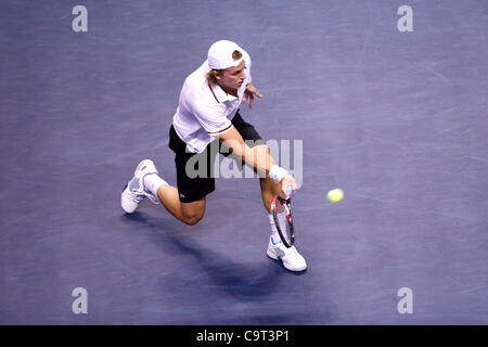 Febbraio 15, 2012 - San Jose, California, Stati Uniti - Denis Kudla (USA) compete durante il secondo turno di gioco a livello del SAP Open a HP Pavilion a San Jose, CA. (Credito Immagine: © Matt Cohen/Southcreek/ZUMAPRESS.com) Foto Stock