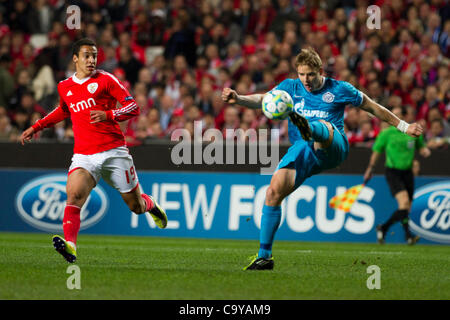 23 Febbraio 2012 - Lisbona, Portogallo - Rodrigo SL Benfica avanti (L) e Tomáš Hubočan FC Zenit Defender (R) durante il gioco tra il Portogallo SL Benfica e la Russia FC Zenit San Pietroburgo per la seconda tappa del giro di 16 (1/8 finali), della UEFA Champions League a Luz Stadium, a Lisbona. Ph Foto Stock