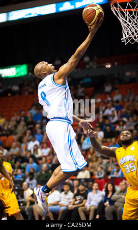 HALIFAX, NS - Marzo 22, 2012: Halifax Rainmen guard #8 Taliek Brown rigidi per il cestello per un layup in rotta verso una vittoria 93-85 sopra il London fulmine in gioco quattro di loro best-of-cinque National Basketball League of Canada campionato di serie a Halifax Metro Centre. La vittoria di forze a de Foto Stock