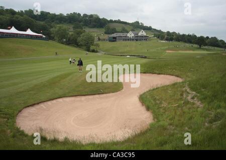 31.05.2012 Newport Wales. Vista la clubhouse e diciottesimo foro presso l'ISP Handa Galles aperto da Celtic Manor. Foto Stock