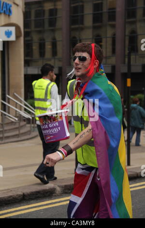 Un volontario raccolta fondi per Birmingham Pride 2012 a Birmingham, Regno Unito, 2 giugno 2012 Foto Stock