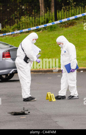 Scena del Crimine ufficiali raccogliere prove su un sentiero dopo un tubo bomba esplode in Belfast Foto Stock
