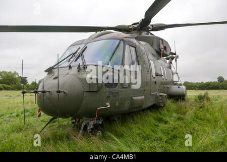 2012-06-07. RAF Merlin mk3 collegato a massa in elicottero a Stanwick Northamptonshire England Regno Unito, fondata su 06-06-2012 a causa di un allentamento pannello in prossimità del rotore posteriore dopo riparazioni sperando di prendere e tornare a RAF Benson più tardi questa mattina. Foto Stock