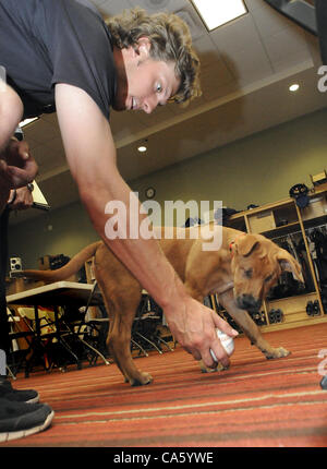 Giugno 12, 2012 - Albuquerque, NM, Stati Uniti - John Ely ottiene Stevie Wonder al check out di un baseball in isotopi club house.Martedì, 12 giugno 2012. (Credito Immagine: © Jim Thompson/Albuquerque ufficiale/ZUMAPRESS.com) Foto Stock