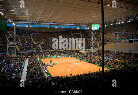 Siviglia, Spagna. Secondo match di tennis Davis Cup finale tra Spanih David Ferrer e argentino Juan Martin Del Potro. Cartuja Olympic Stadium. Dicembre 2, 2011 Foto Stock