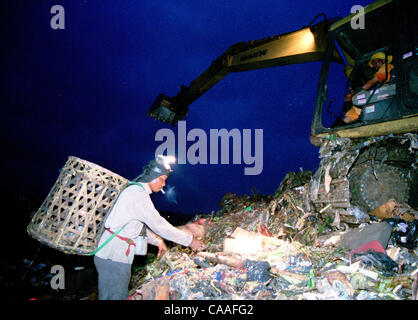 BEKASI, West Java, Indonesia 26 marzo 2003 un vagabondo indonesiano scratchs rifiuti plastici e la pulizia del cibo nella delocalizzazione di spazzatura in Bantar Gebang Bekasi, West Java, mercoledì 26 marzo 2003. Garbage diventare un grosso problema a Jakarta city recuperare il rifiuto della provincia del West Java per allungare con Foto Stock