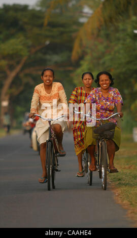 YOGYAKARTA, Giava centrale, Indonesia Giugno 23, 2003 La British entrepenuer Warwick Purser Indonesiaís possiede il più grande società di esportazione di prodotti artigianali, PT fuori dell'Asia. Le biciclette sono una forma comune di trasporto per quelli che vivono nei villaggi intorno a Tembi . Fondata nel 1996, fuori dall Asia ora utilizza centinaia di Foto Stock