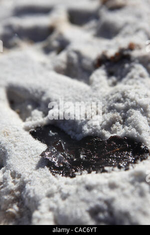 Lug 27, 2010 - Pensacola, Florida, Stati Uniti - Tar sfere sulle spiagge di sabbia bianca di Pensacola martedì. Onde di gooey tar blob di lavaggio erano a terra in numero crescente sulla sabbia bianca della Florida Panhandle Martedì come nere dal BP spill continuano a muoversi a terra. Le palle di catrame è venuto come Foto Stock