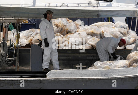 Giugno 17, 2010 - Porto di zolfo, Louisiana, Stati Uniti - Lavoratori di scarico braccio sporco su una chiatta in una zona di Barataria Bay danneggiati dalla BP Golfo del Messico fuoriuscite di olio in porto zolfo, Louisiana, STATI UNITI D'AMERICA 17 giugno 2010. La fuoriuscita di olio è il più grande nella storia degli Stati Uniti e che continua a minacciare la fauna selvatica, l'ecosistema di un Foto Stock