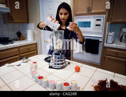 Feb 24, 2008 - Gold River, California, Stati Uniti d'America - SAIMA SIDDIQUE combina una macinata fresca di spezie e i dadi in un frullatore con yogurt e altri ingredienti per rendere al curry nella sua Gold River home Febbraio 24, 2008. Ella macina i dadi e le spezie per due volte, una volta in un caffè macinacaffè e nuovamente in un frullatore per achi Foto Stock