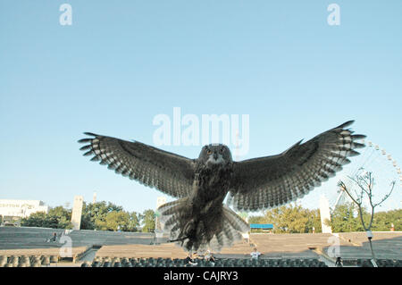 Sep 27, 2007 - Dallas, TX, Stati Uniti d'America - un Eagleowl eurasiatica si presenta per un atterraggio in pratica prima di uccelli del Wild mostra di partenza l'ultimo weekend di Settembre al Texas State Fair di Dallas. Il film è messo su da naturale incontra una conservazione degli uccelli del gruppo Orlando, Florida. (Credito Imag Foto Stock