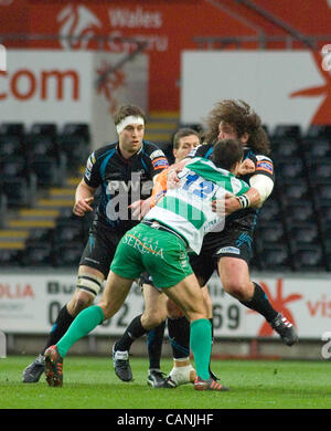 RaboDirect PRO12 - Asprì v Treviso @ il Liberty Stadium di Swansea. Il falco pescatore Adam Jones viene sollevato fuori i suoi piedi. Foto Stock