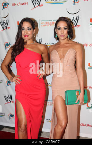 Il Bella gemelli - Nikki & Brie, costituiscono per i media sul tappeto rosso al WWE 2012 Arte & Fashion Show sull'Isola di Star in Miami, FL. Foto Stock