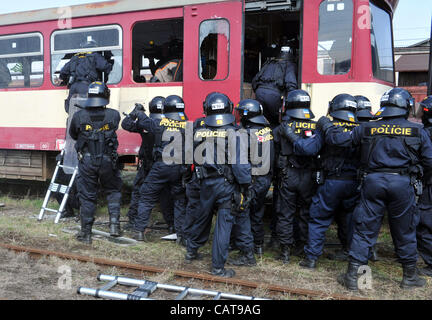 Riot Police pratica di Pardubice e Liberec regioni, Repubblica Ceca e Wroclaw, Polonia praticata in deposito dei treni come intervenire contro la violenza nei treni. Il polacco e il ceco polizia addestrato per evitare problemi durante l'EURO 2012, il torneo di calcio, in Ceska Trebova, Repubblica Ceca il 18 aprile Foto Stock