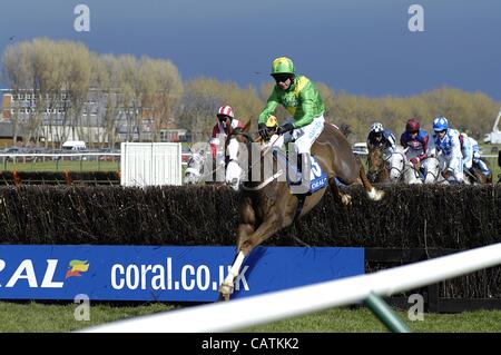 Ayr, Regno Unito 21/4/12 Scottish Grand National Week-end (giorno 2) vincitore del 2012 Scottish Grand National Merigo cavalcato da Timmy Murphy (seta verde) conduce il campo alla recinzione finale di gara. Foto Stock