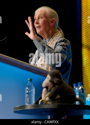 Aprile 25, 2012 - Pasadena, California, Stati Uniti - Dott.ssa Jane Goodall, esperto di scimpanzé, è stato nominato gran maresciallo di Pasadena's 2013 Rose Parade. Nella foto: Sett. 22, 2011 - Los Angeles, California, Stati Uniti d'America - Jane Goodall dà un talk durante la sessione di apertura del 2011 AARP convention di Los Angeles C Foto Stock