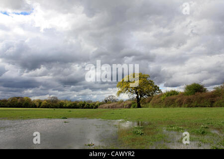 Come le docce aprile continuare in tutta la Gran Bretagna, più le tempeste e i campi allagati a Tolworth Corte Agriturismo, verde terra della cinghia nella zona sud-ovest di Londra, Inghilterra, Regno Unito Foto Stock