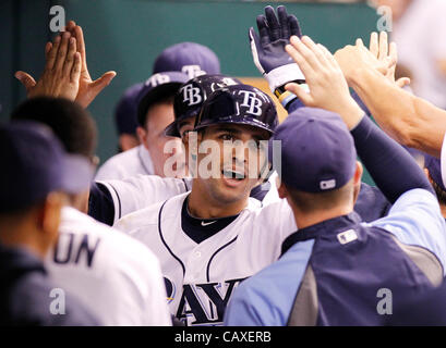 2 maggio 2012 - San Pietroburgo, FL, Stati Uniti d'America - JAMES BORCHUCK | Orari.SP 353225 BORC raggi (05/02/12) (SAN Petersburg, FL) Sean Rodriguez è accolto in panchina dopo il suo due-run homer off Blake Beavan nel terzo durante i raggi partita contro i Seattle Mariners al Tropicana Field Mercoledì, Maggio Foto Stock