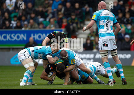 05.05.2012 Northampton, Inghilterra. Rugby Union. Northampton Santi v Worcester Warriors. Phil DOWSON di Northampton santi è affrontato da Ryan FURNISS (destra) e Matt KVESIC (sinistra) di Worcester Warriors durante la Aviva Premiership match tra Northampton santi e Worcester Warriors a Franklin's Foto Stock