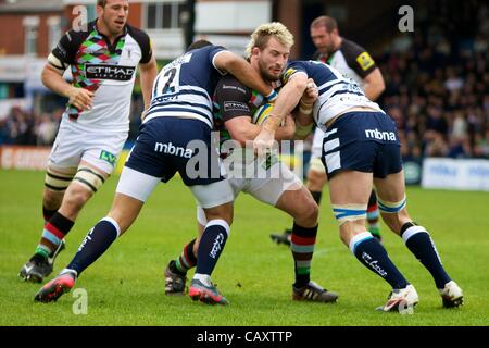 05.05.2012 Stockport, Inghilterra. Arlecchini inglese prop Joe Marler in azione durante la Aviva Premiership match tra vendita squali v Harquins. L'ultimo gioco per essere giocato al Parco Edgely. Foto Stock