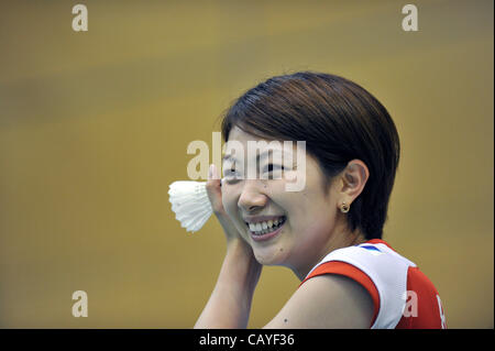 Reiko Shiota (JPN), 8 maggio 2012 - Badminton : Giappone Team nazionali durante la conferenza stampa circa l'inserimento rappresentante dei Giochi Olimpici di Londra a Ajinomoto National Training Centre, Tokyo, Giappone. (Foto di Giu Tsukida/AFLO SPORT) [0003] Foto Stock