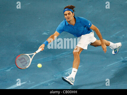 11.05.2012 Madrid, Spagna. Roger Federer in azione contro David Ferrer durante gli ultimi 8 del 2012 Madrid Open Tennis Tournament. Foto Stock