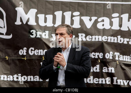 Londra, Regno Unito, 19/05/2012. Lee Scott, Tory MP per la Ilford Nord, affrontare il rally Tamil a sostegno della loro richiesta di giustizia in Sri Lanka la guerra civile in cui presunti crimini di guerra ha avuto luogo Foto Stock