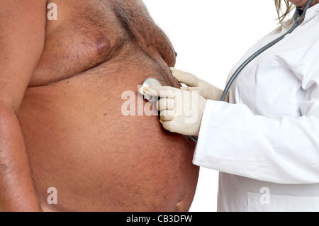 Grande paziente di sesso maschile con grande pancia e medico Foto Stock