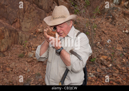 Senior Exploration Geologist analizzando campioni di roccia con una lente a mano presso la storica Macalder miniera di rame, Kenya occidentale Foto Stock