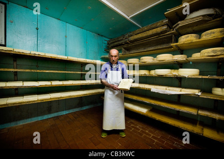 Guglielmo Locatelli, latteria Locatelli, Reggetto, Val Taleggio, Lombardia, Italia Foto Stock