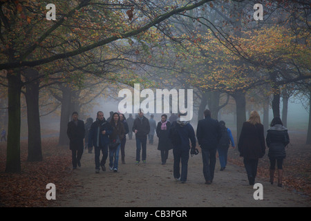 Una fitta nebbia a Londra. Lugubre atmosfera come nebbia fitta scende a Greenwich Park e persone andare a spasso per l'inverno. Foto Stock