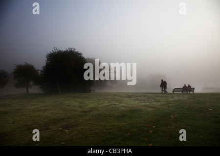 Una fitta nebbia a Londra. Lugubre atmosfera come nebbia fitta scende a Greenwich Park e persone andare a spasso per l'inverno. Foto Stock