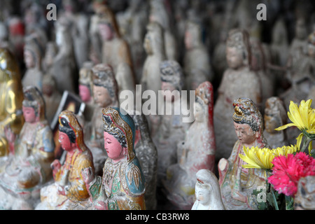 Molto grande gruppo di statuette vecchio figurine di cinese tradizionale delle divinità, Tempio Nanputuo, Xiamen, Cina e Asia Foto Stock